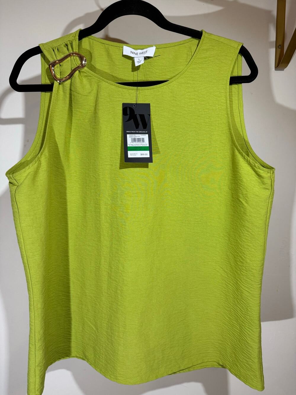 Nine West NWT Lime Green Tank Top With Gold Tone Brooch